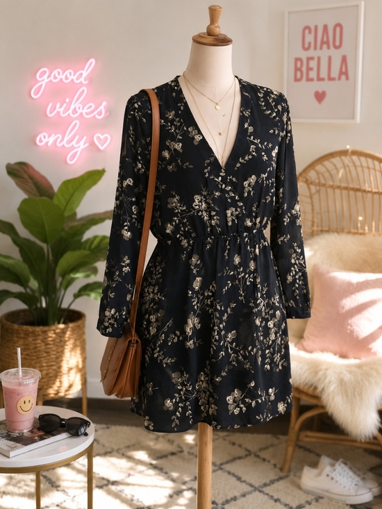 GAP Dresses & Skirts - GAP Black Floral V-Neck Long Sleeve Mini Dress